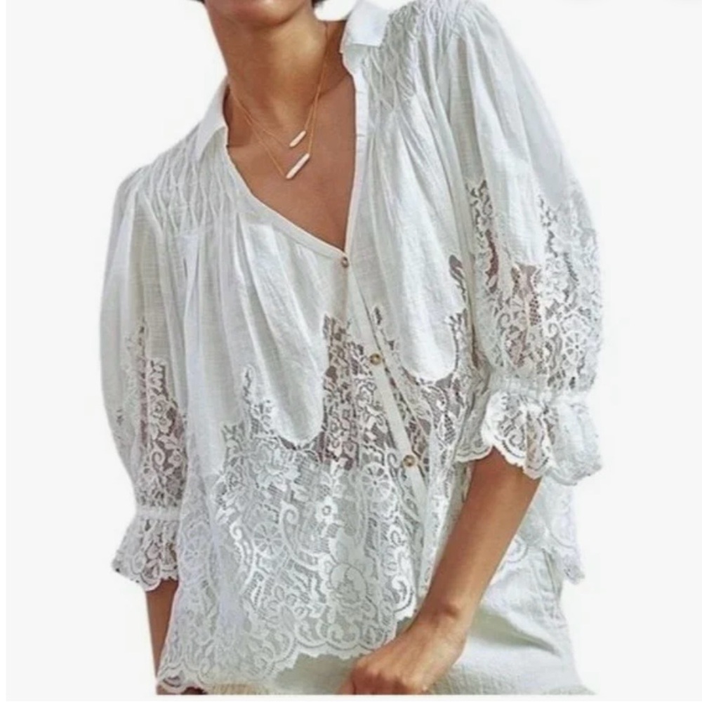 By Anthropologie White Lace 3/4 Sleeve Blouse Size S